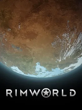 Planet with brown surface, white patches, blue glow, and RIMWORLD text.