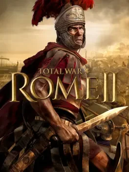Roman soldier in armor with red plume helmet holding sword, 'TOTAL WAR ROME II' text over battlefield.