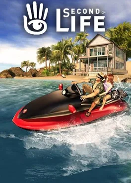 Two people on red and black jet ski in blue ocean near beach with palm trees and house. 'Second Life' text visible.