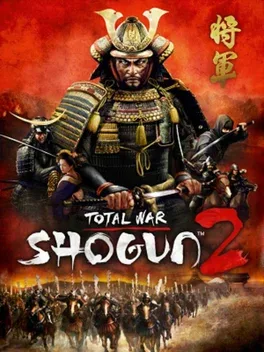 Total War: Shogun 2 title above a samurai in horned helmet and armor, with an army marching below.