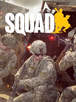 Soldiers in camouflage uniforms hold rifles inside a vehicle with 'SQUAD' text and yellow soldier silhouette.