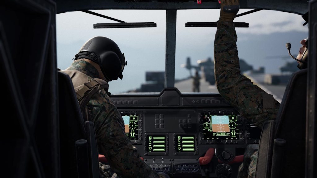 Two soldiers in a helicopter cockpit with glowing instrument screens, looking out over a distant ship.