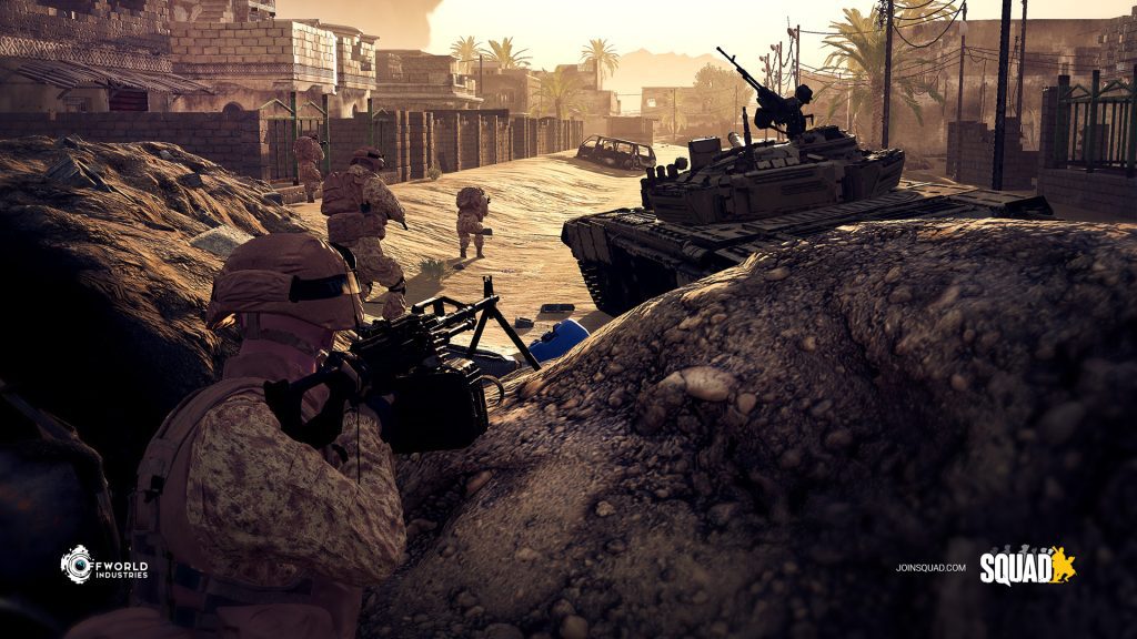Desert camo soldiers take cover behind sandbags near a tank in dusty urban street; 'SQUAD' logo visible.