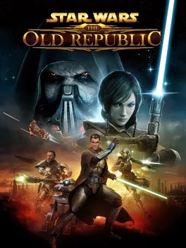 Star Wars: The Old Republic title with a hooded villain, a woman with a lightsaber and warriors below.