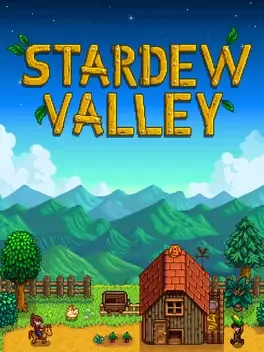 Stardew Valley title over blue sky with green mountains, wooden house, red roof, trees, fence, horse, chicken, plants.