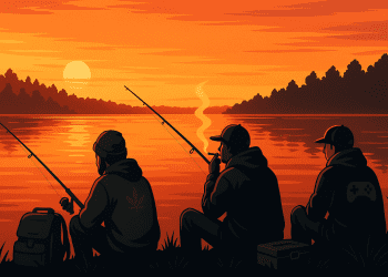 Three gamers sit and fish while smoking