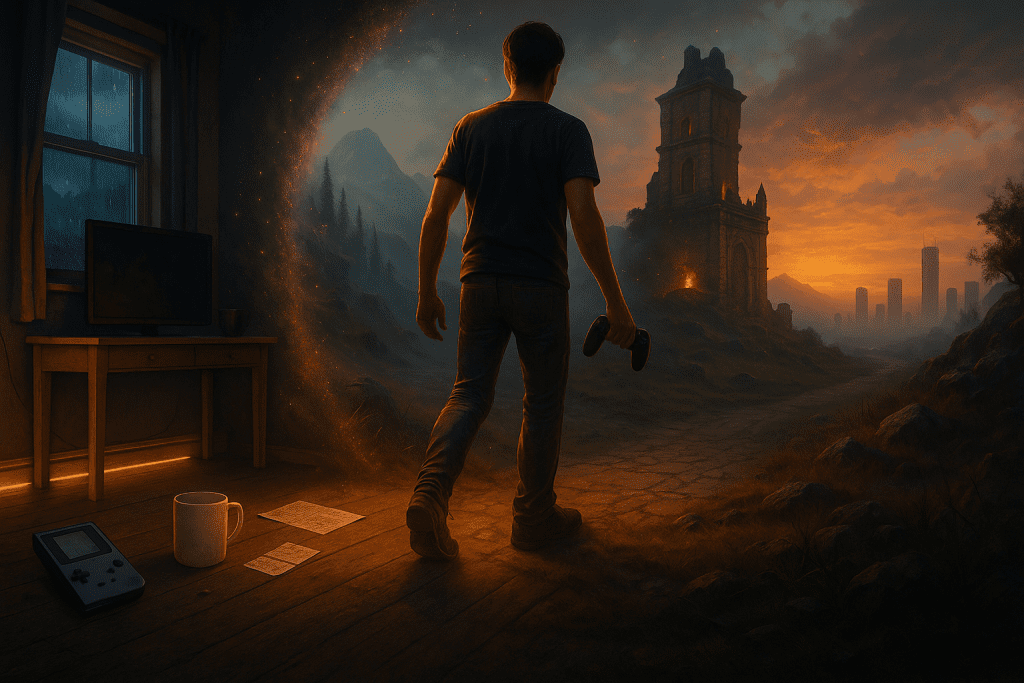 A man stands in a dim room facing a glowing portal that opens onto a hilltop ruin at sunset.