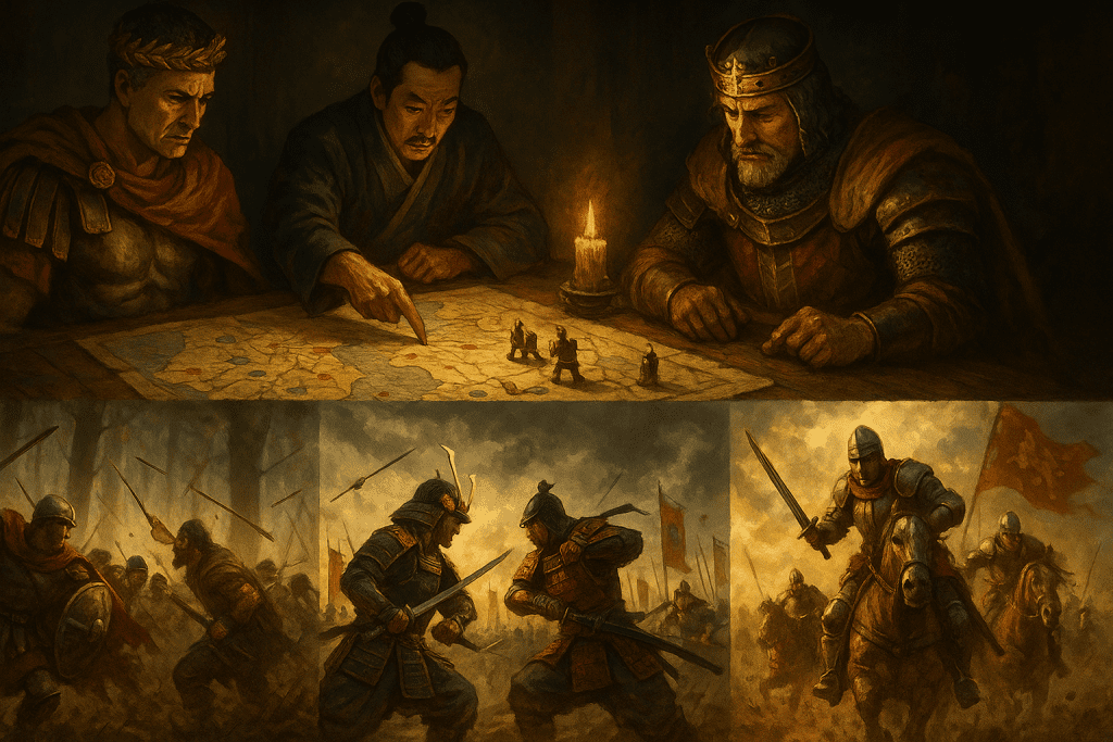 Three men strategize over a map with candle; battle scenes show warriors fighting.