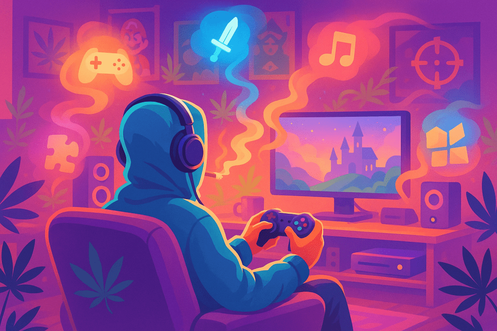 Cozy digital art of a gamer in a hoodie playing video games, surrounded by soft smoke trails, floating game icons, and subtle cannabis vibes in a warm, colorful room.