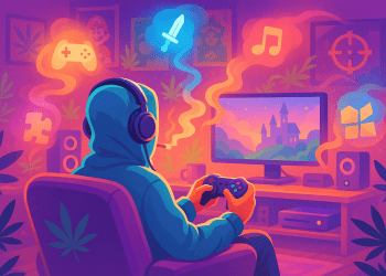 A hooded gamer in headphones smokes and plays while the smoke curls into game icons around a purple room.