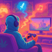 A hooded gamer in headphones smokes and plays while the smoke curls into game icons around a purple room.
