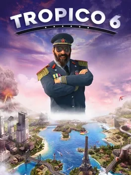 Tropico 6: man in military uniform with crossed arms over city with water, purple sky, and buildings.
