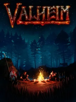 Nighttime forest with people around a campfire under 'VALHEIM' text.