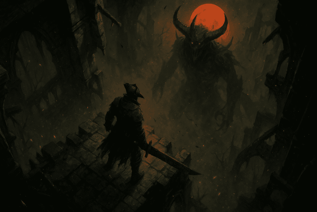 Dark armored warrior holds sword facing horned demon with red eyes under red moon on stone ruins.