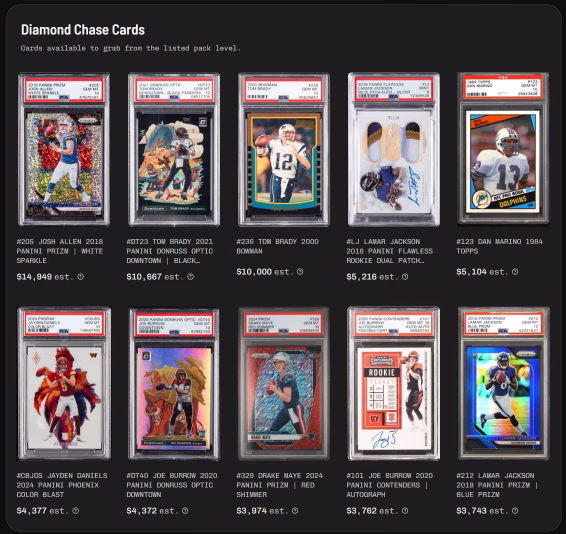 Two rows of graded football cards in plastic cases with price estimates listed beneath each one.