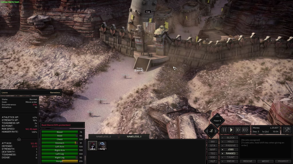 A walled desert fortress seen from above with guards at the gate and a stats panel along the bottom.