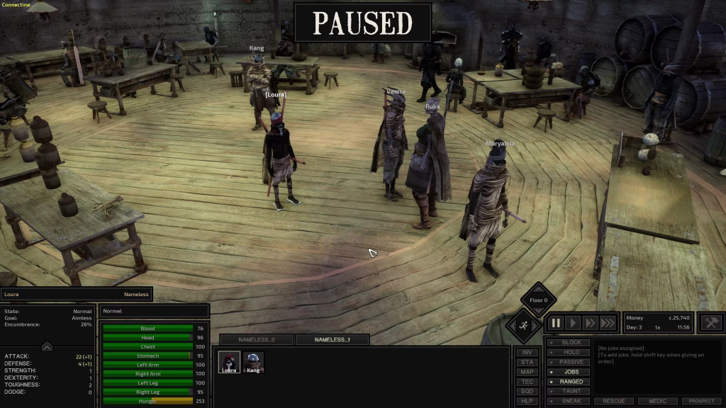 A paused view of a crowded wooden tavern floor with several characters and a stats and control panel below.