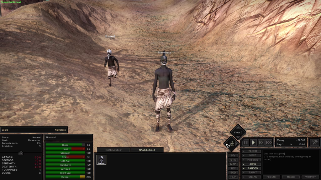 Two Kenshi characters walking across a sandy desert, with a stats panel and speed controls along the bottom.
