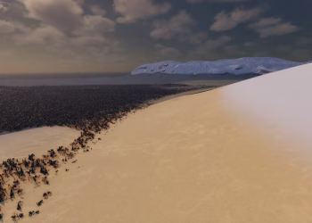 Region tour, Sep 23: a sunlit sand slope running down to a dense dark forest, a pale ridge and the sea on the horizon.