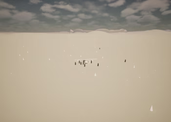 February: a handful of tiny test figures standing on a blank white plain under a cloudy sky.