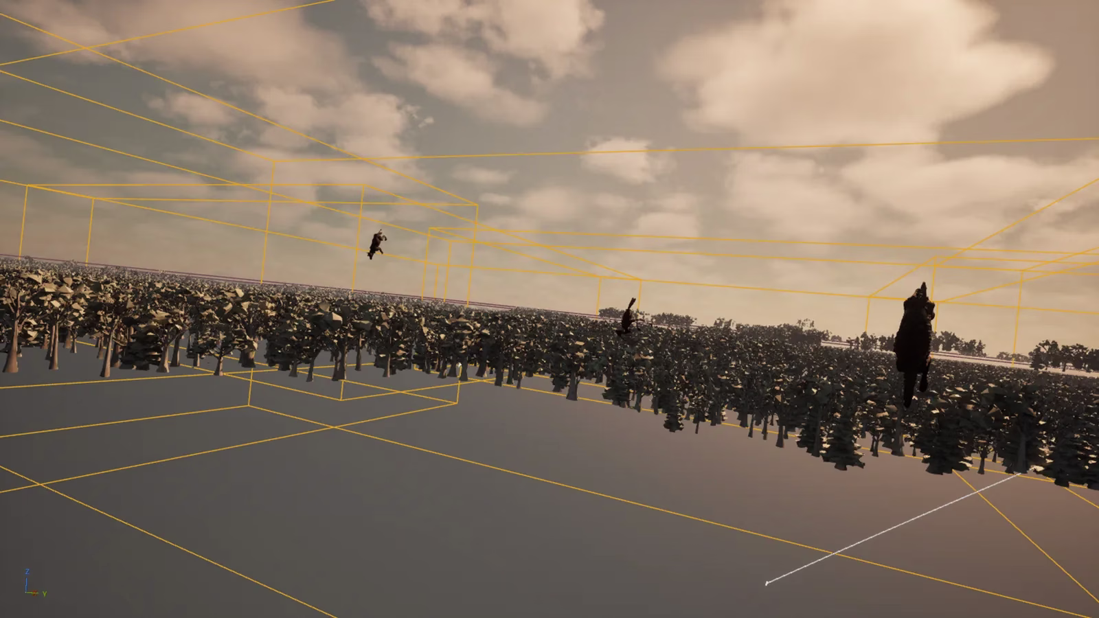 Dark creature silhouettes hanging in the air above a dense low-poly forest, each inside an outlined box.