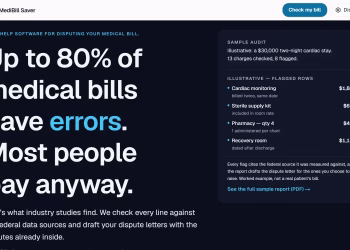 MediBill Saver homepage hero on a dark background. Headline: "Up to 80% of medical bills have errors. Most people pay anyway." A card on the right shows an illustrative sample audit of a $30,000 two-night cardiac stay, listing four of its eight flagged charges, such as cardiac monitoring billed twice.