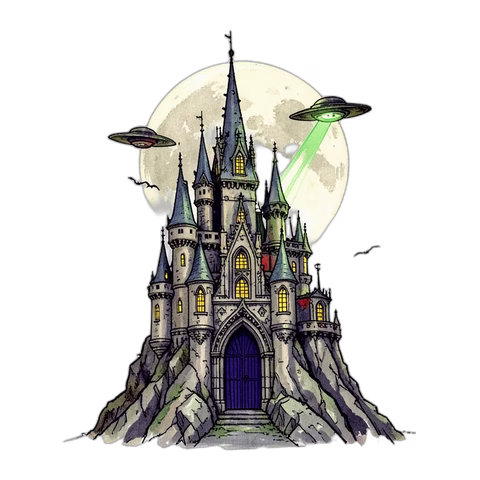A painted Dracula castle under a full moon with two flying saucers