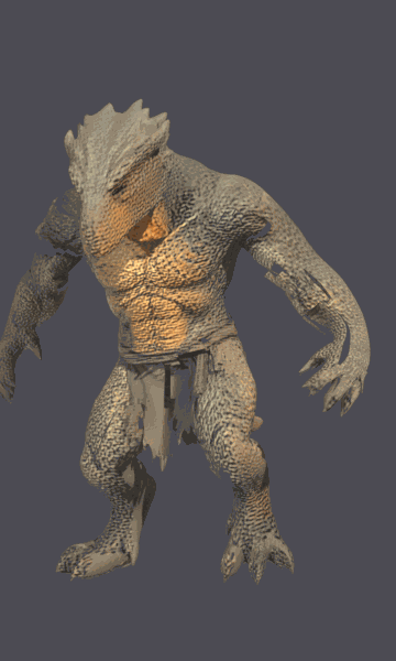 A scaly lizard-like person with a crested head, wearing a ragged loincloth, walking in place on a plain grey background.