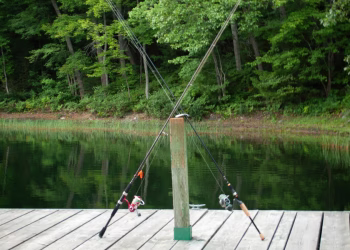 Two spinning rods leaning on a post at the end of a wooden dock over a calm, tree-lined lake.