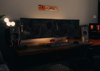 Dim gaming desk with two monitors, speakers and a glowing keyboard in warm lamplight, a headset and controller on a speaker
