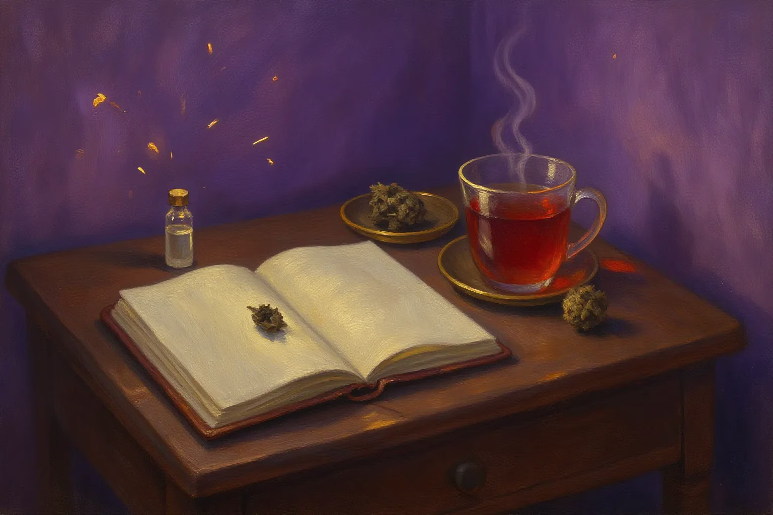Painting of a wooden desk at night with an open notebook, a small glass vial, a cannabis bud on a brass tray and a steaming cup of tea under violet light
