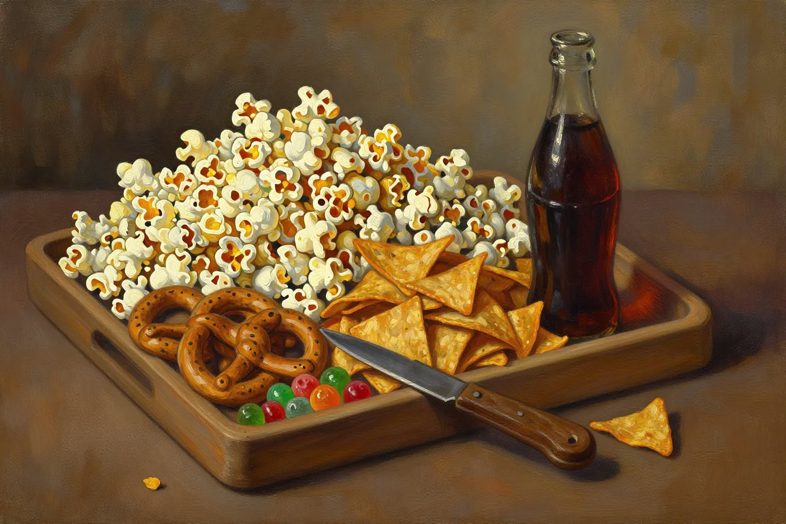 Painting of a wooden tray heaped with popcorn, pretzels, tortilla chips and gummy candy beside a glass soda bottle and a small knife