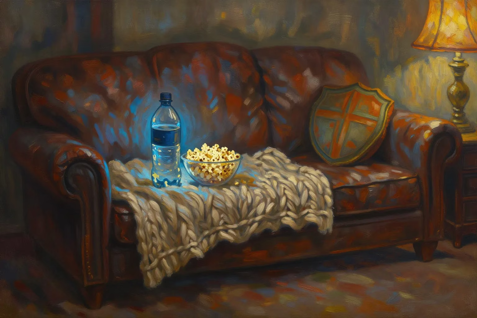 Painting of a worn leather couch with a knitted blanket, a water bottle and a bowl of popcorn on the armrest and a shield-shaped cushion, lit by a lamp
