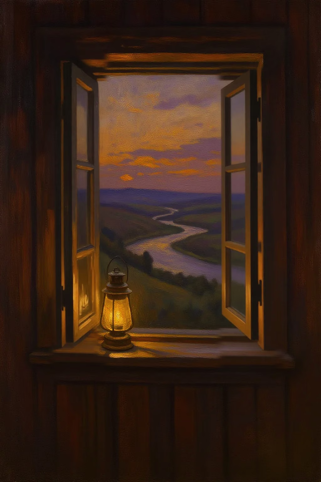 Painting of a brass lantern glowing on an open windowsill at dusk, looking out over a river winding through the hills