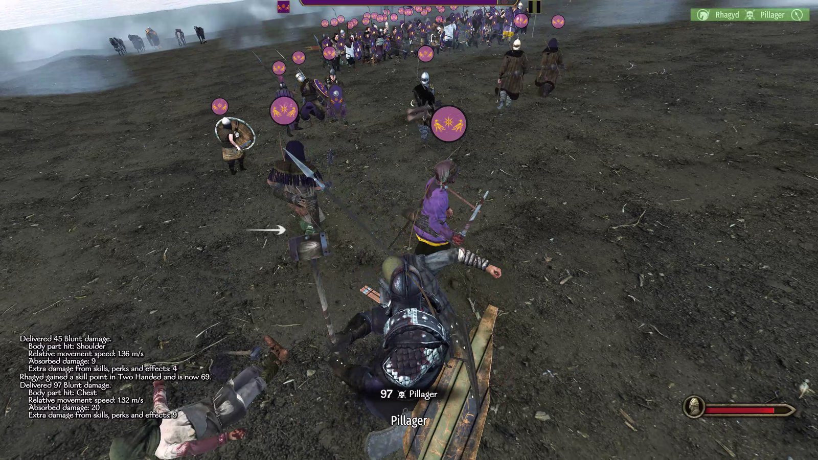 Over-the-shoulder view of an armored knight hitting a Pillager in a muddy field. On-screen text shows 97 next to the Pillager's name, and the combat log reads: Delivered 97 Blunt damage. Body part hit: Chest.