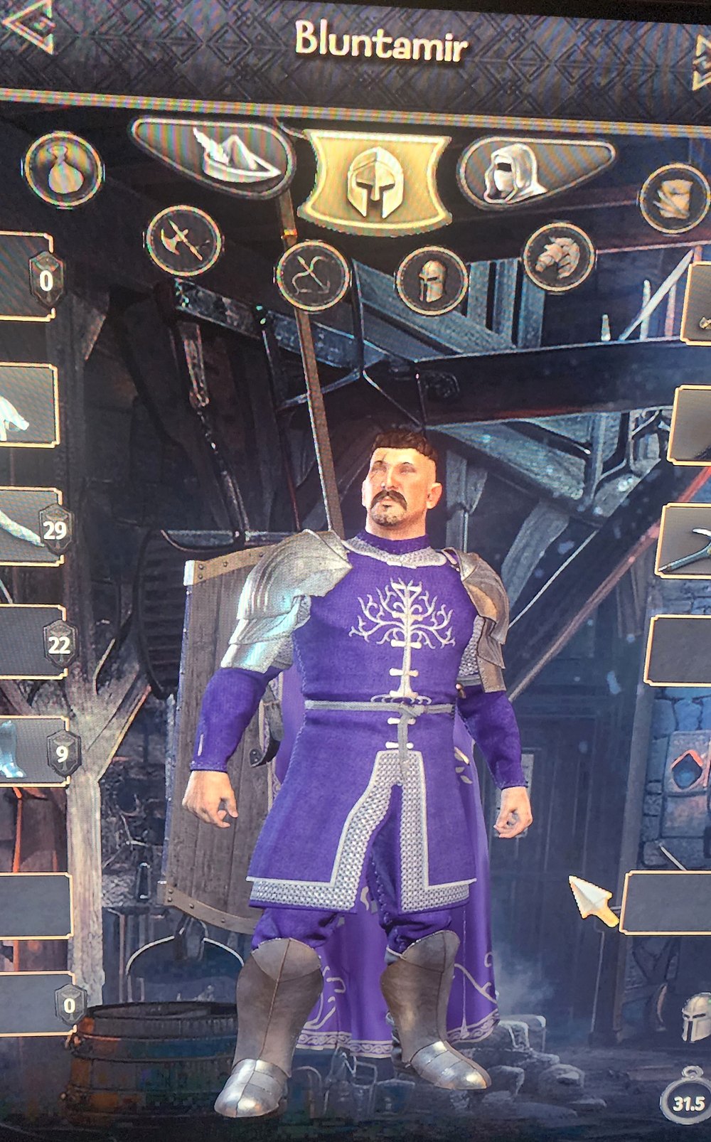 Bluntamir in the Tales from the Age of Men equipment screen: a Gondor tabard in purple with the White Tree on the chest, plate shoulders, a long purple cape and a shield on his back.