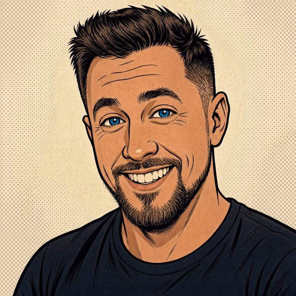 Dan, an illustrated portrait: short brown hair, blue eyes, a beard and a big smile, in a black tee on a cream halftone background