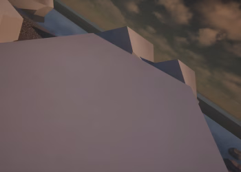 The quiet stretch: a grey block-out test, flat shapes and sky, nothing dressed yet.
