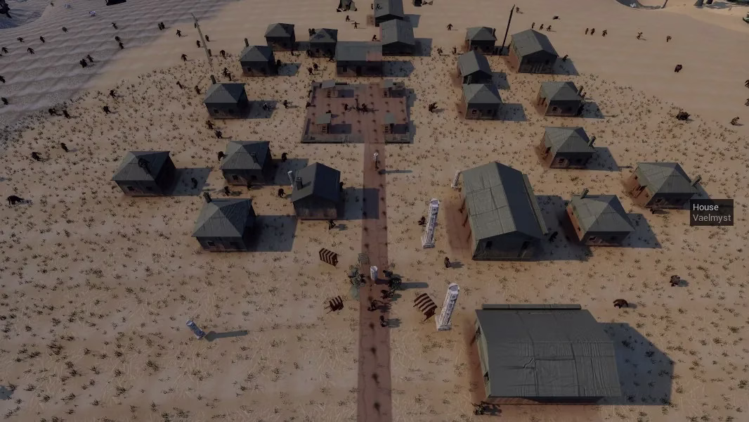 A village seen from above, with grey-roofed houses on both sides of a dirt road, small figures between them and a label reading House, Vaelmyst.
