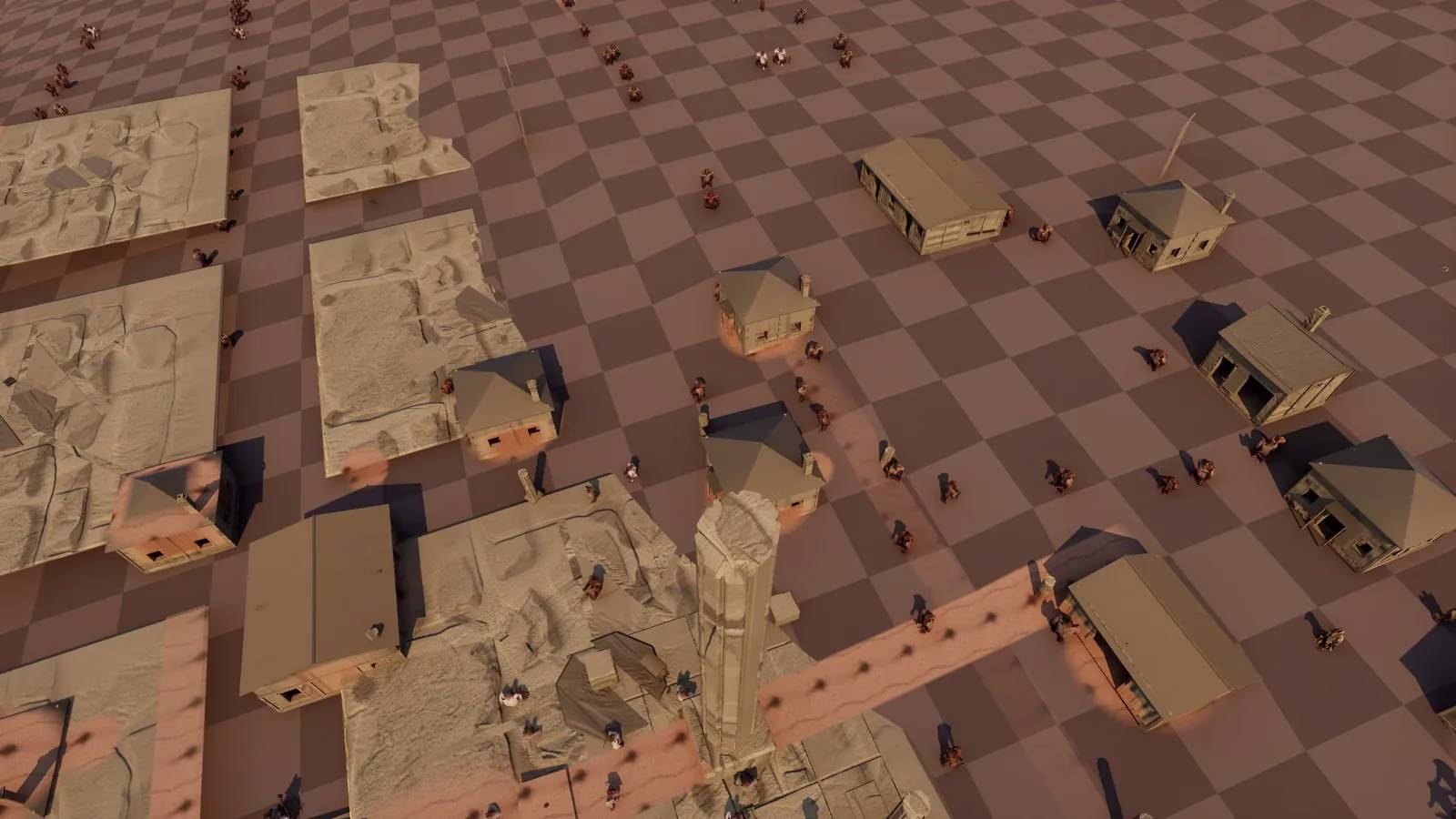A town seen from above on a brown checkered ground, with plain houses, a broken stone pillar and many tiny people walking between the buildings.
