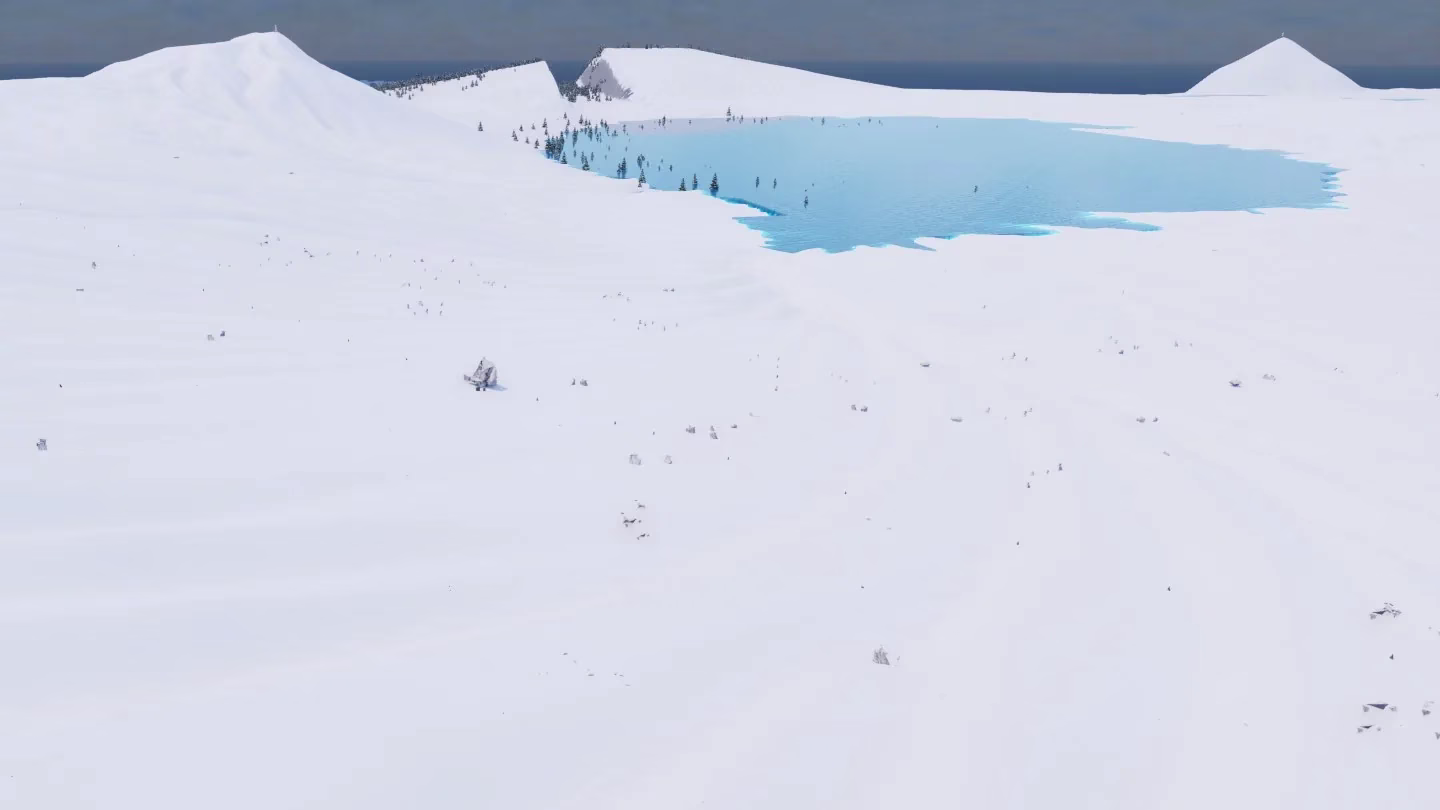Rolling snowfields leading up to white peaks, with a bright blue lake edged by a few dark pines under a grey sky.