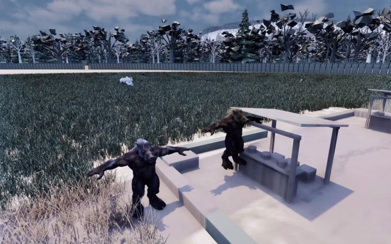 Two dark boar-headed brutes with tusks and pale manes, arms held out, one on a stone ledge in tall grass and one beside a wooden market stall.