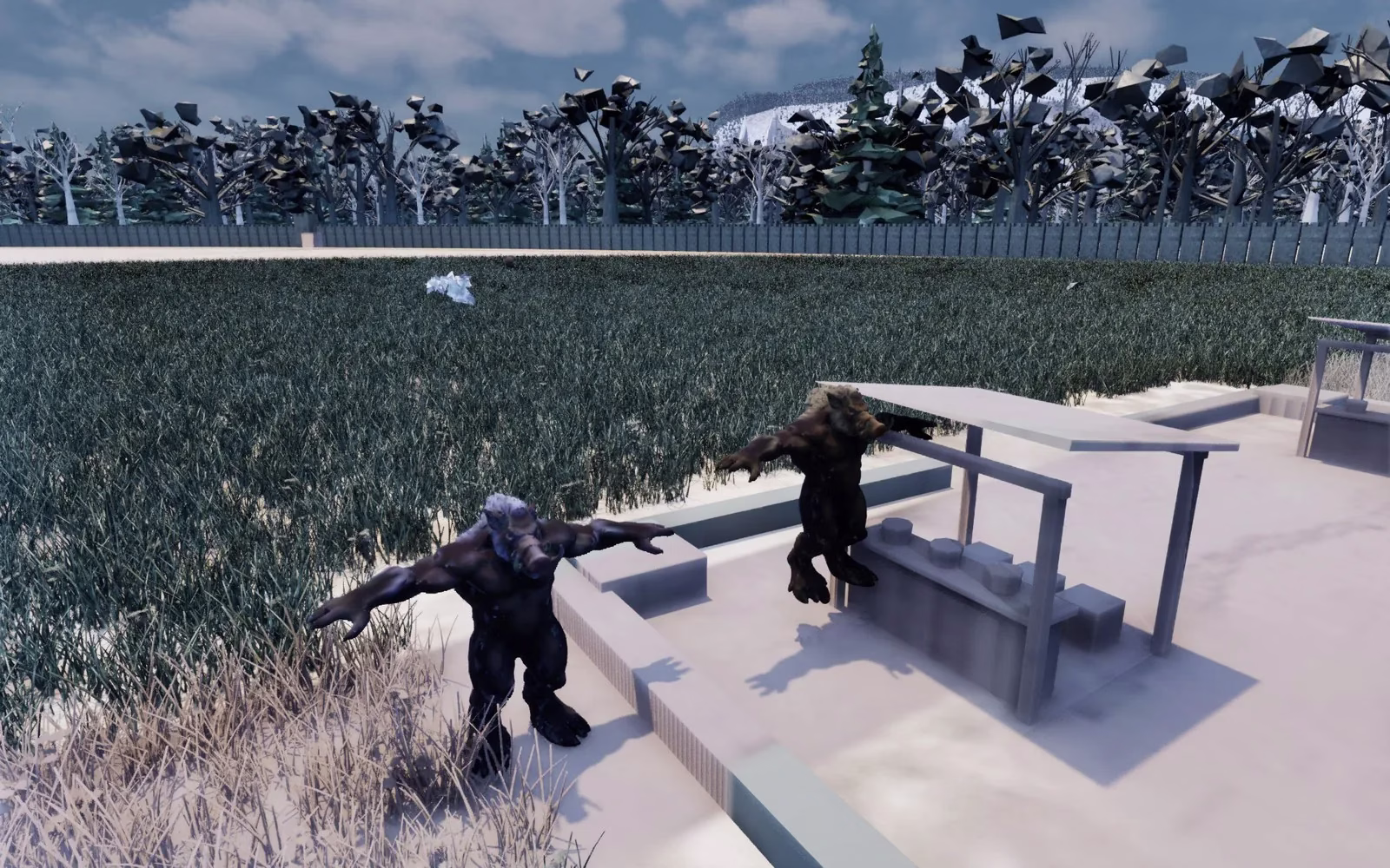 Two dark boar-headed brutes with tusks and pale manes, arms held out, one on a stone ledge in tall grass and one beside a wooden market stall.