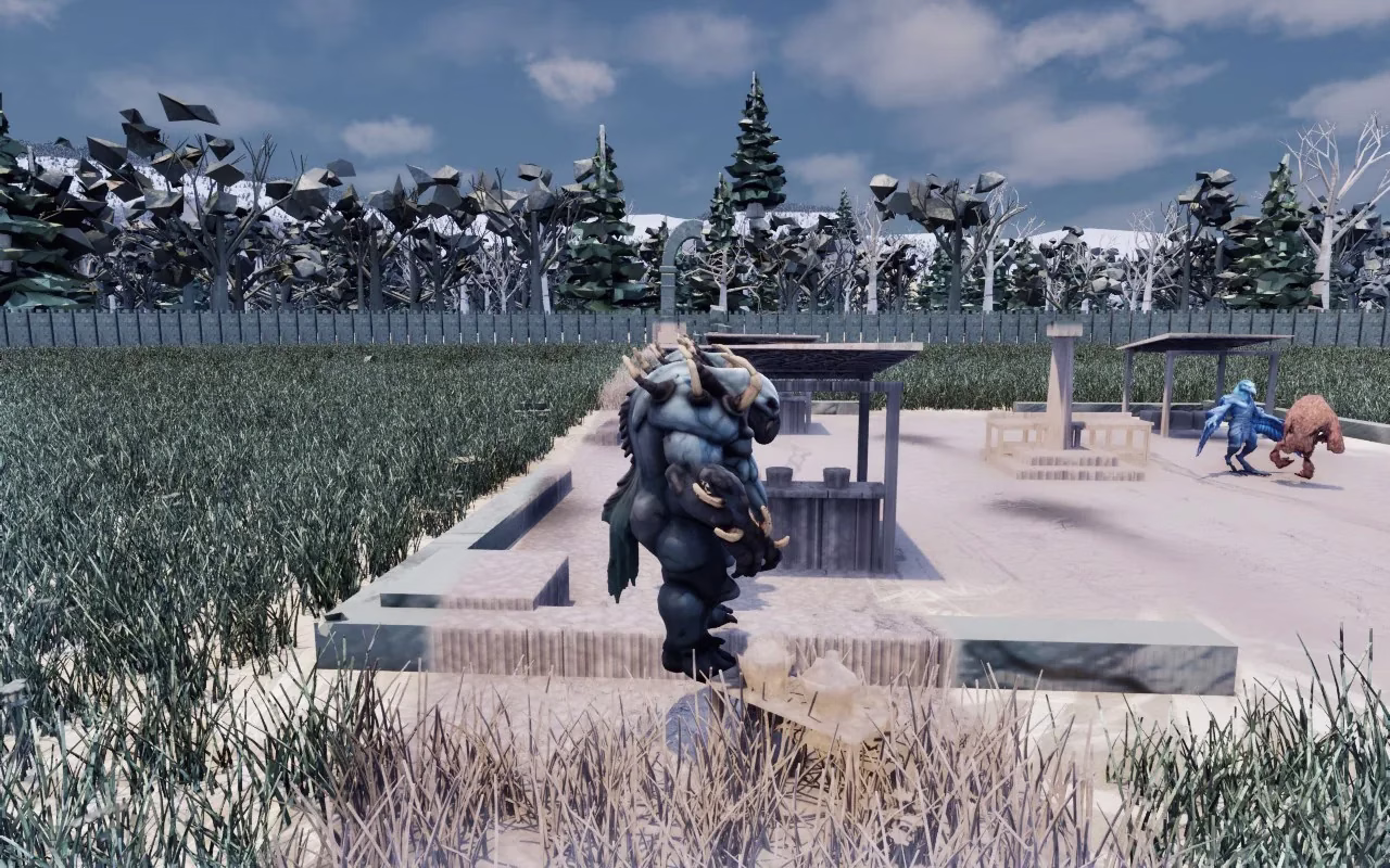 A big dark blue brute seen from the side with pale horns of bone along its shoulders and back, standing on a stone ledge, with a bird person and a brown furry figure in the distance.
