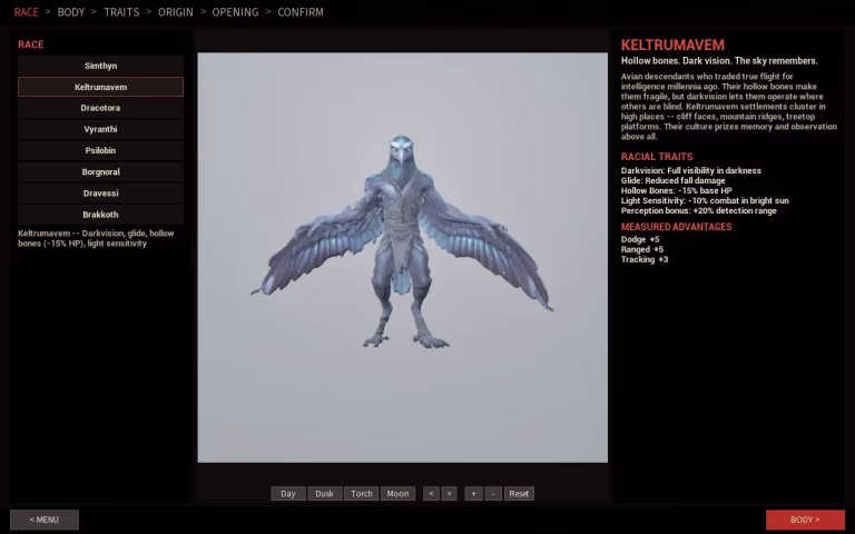 A character creator screen showing a blue-grey bird person with a long beak and wide feathered wings spread out, with racial traits listed on the right.