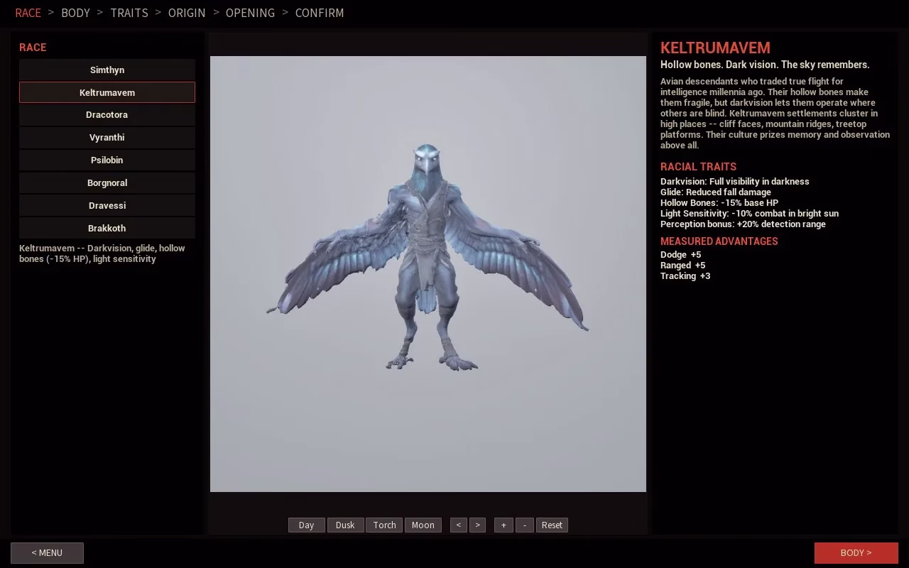 A character creator screen showing a blue-grey bird person with a long beak and wide feathered wings spread out, with racial traits listed on the right.