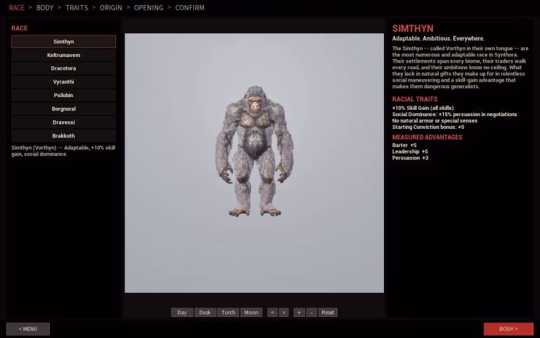 A character creator screen with a list of eight races on the left, a big grey-furred ape figure in the middle, and a race description on the right that spells the world Synthora.