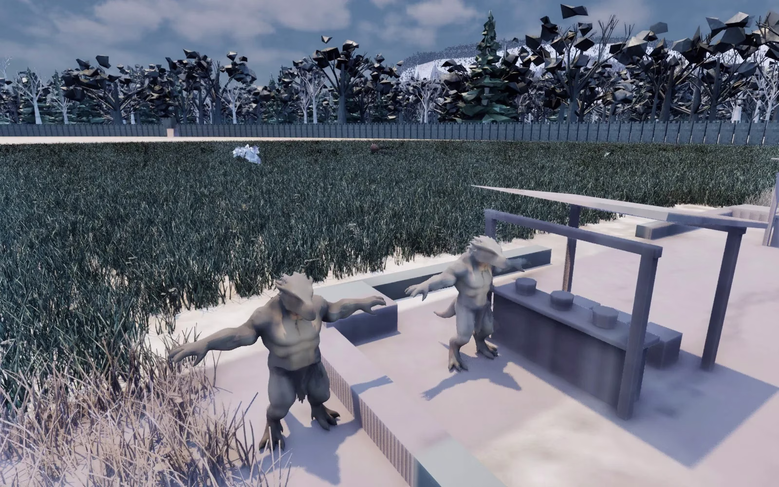 Two grey lizard people with long snouts, crests and loincloths standing with arms out beside a wooden market stall, a field of tall grass behind them.