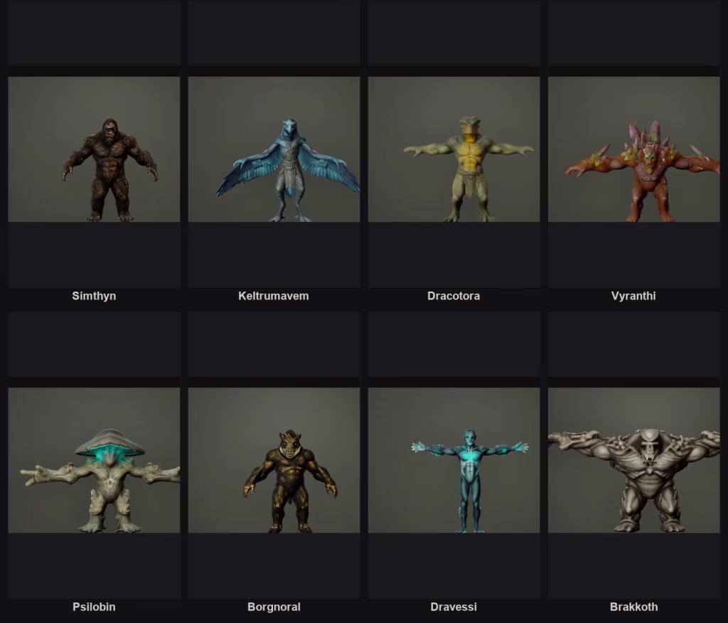 Eight creatures in a two-by-four grid on dark panels, each with its name below.