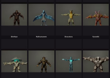 Eight creatures in a two-by-four grid on dark panels, each with its name below.